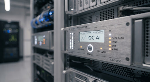Sleek server rack interface illuminated by soft LED status lights representing high-end data infrastructure