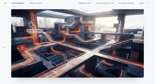 Abstract 3D architectural rendering featuring glowing data streams, deep navy shadows, and vibrant orange AI-processing accents