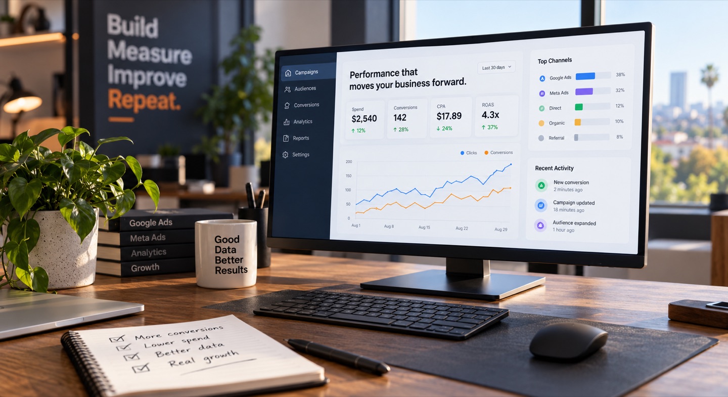 Analytics dashboards and data visualizations on multiple monitors in a professional digital marketing workspace