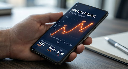 Upward-trending analytics line chart on a high-contrast mobile dashboard
