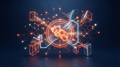 Abstract digital connectivity visualization with glowing orange wireframe nodes