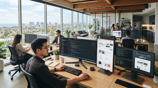 Sophisticated web development workspace in an Orange County high-rise with multiple design screens