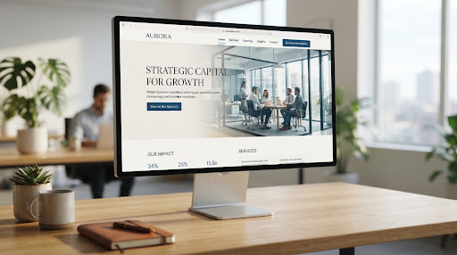 Professional website design displayed on a monitor in a modern Orange County creative studio